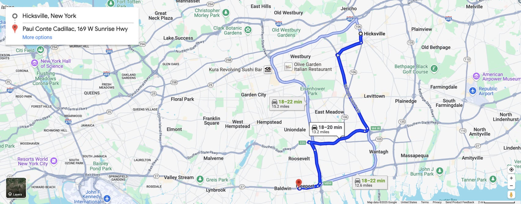 Directions from Hicksville, NY to Paul Conte Cadillac