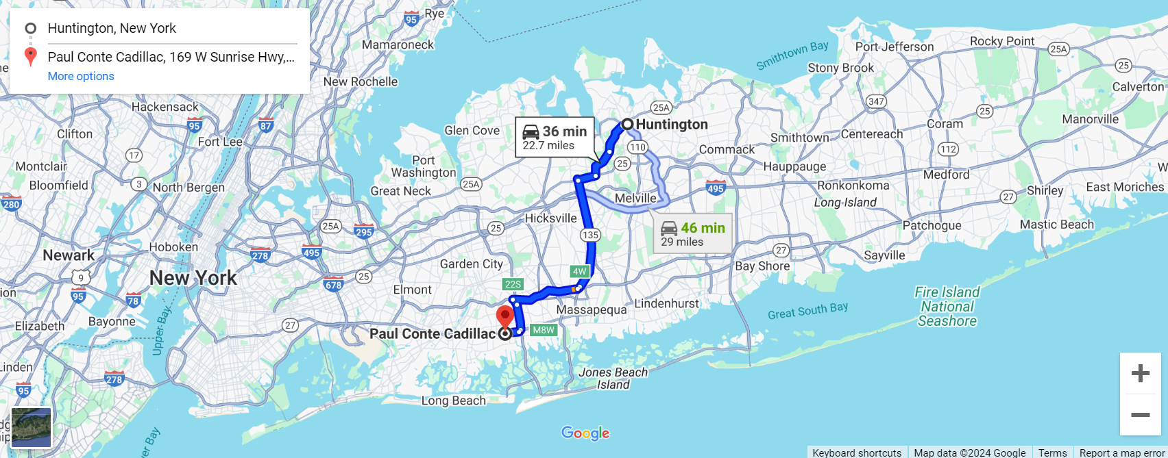 Directions from Huntington, NY to Paul Conte Cadillac