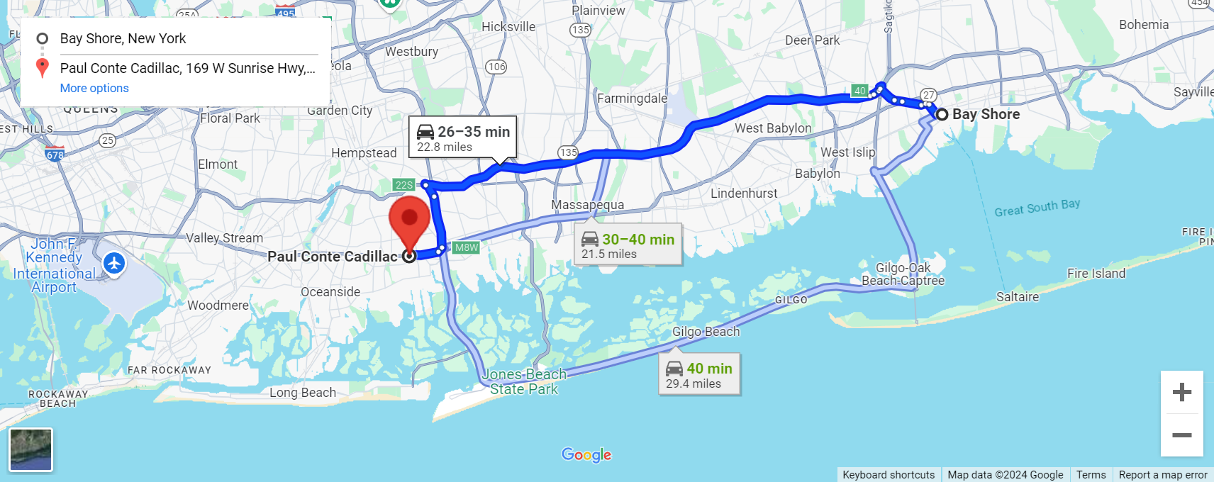Directions from Bay Shore, NY to Paul Conte Cadillac