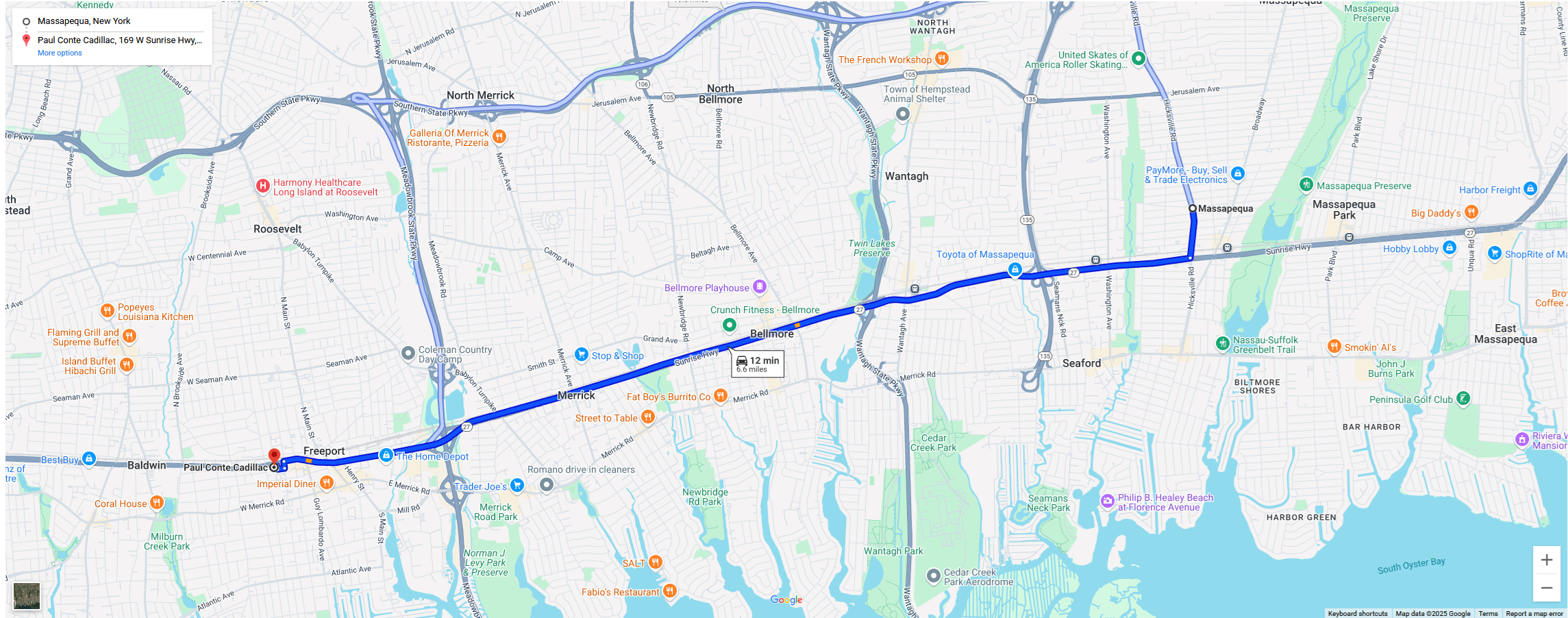 Directions from Massapequa, NY to Paul Conte Cadillac