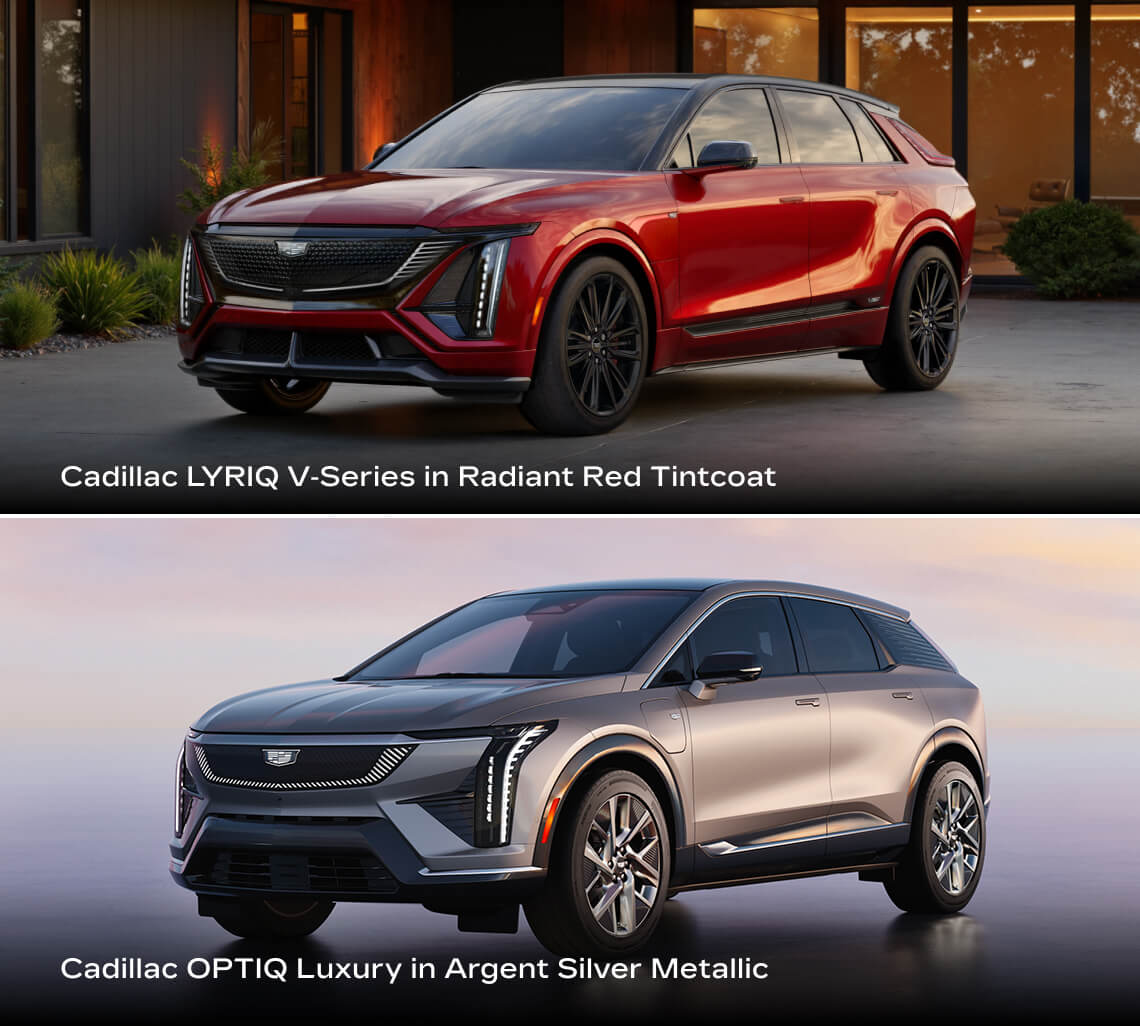 2026 Cadillac LYRIQ V-Series in Radiant Red Tintcoat - Cadillac OPTIQ Luxury 2026 in Argent Silver Metallic