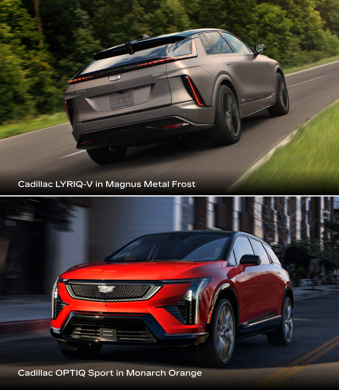 Cadillac 2026 LYRIQ-V seen in Magnus Metal Frost (GBL) with Carbon Fiber Package - Cadillac 2026 OPTIQ Sport 2 seen in Monarch Orange