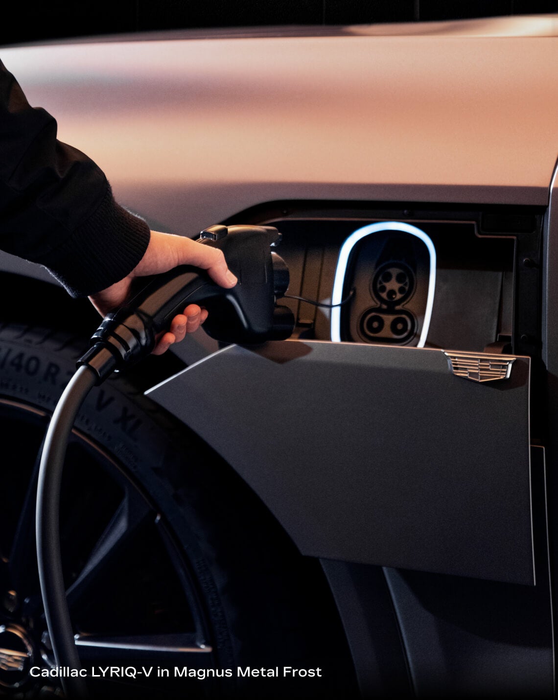 Cadillac 2026 LYRIQ-V seen in Magnus Metal Frost with Carbon Fiber Package