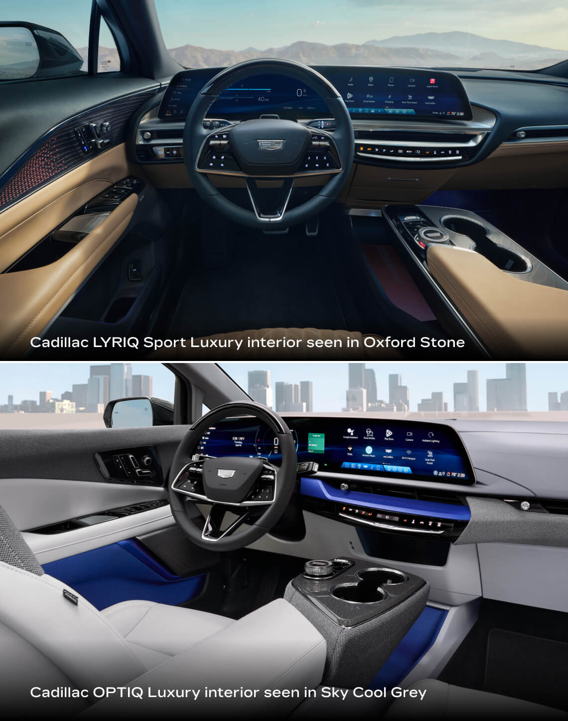 Cadillac 2026 LYRIQ Sport Luxury interior seen in Oxford Stone - Cadillac OPTIQ Luxury featured in Sky Cool Grey interior.