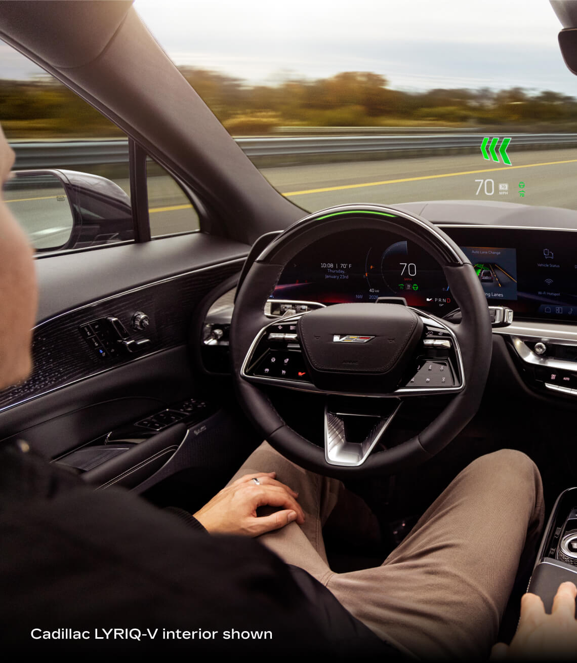 Cadillac 2026 LYRIQ-V Safety Image vehicle interior seen in Noir Nappa Leather with Sky Cool Gray Accents.